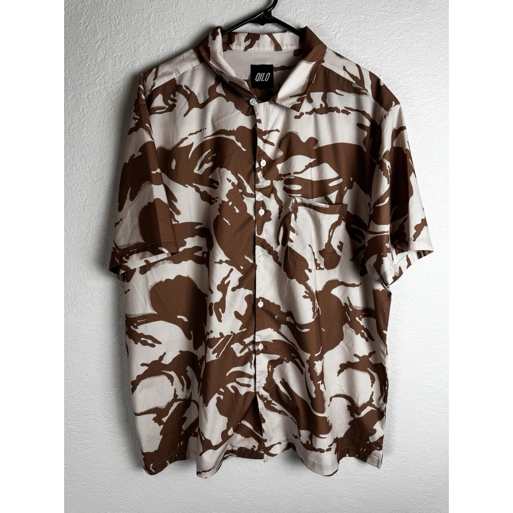 Men's QILO 2XL Desert Camo Camp Shirt Brown Short Sleeve Button Up Casual Beach